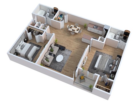 A 3D floor plan of a house with a kitchen, living room, and two bedrooms.